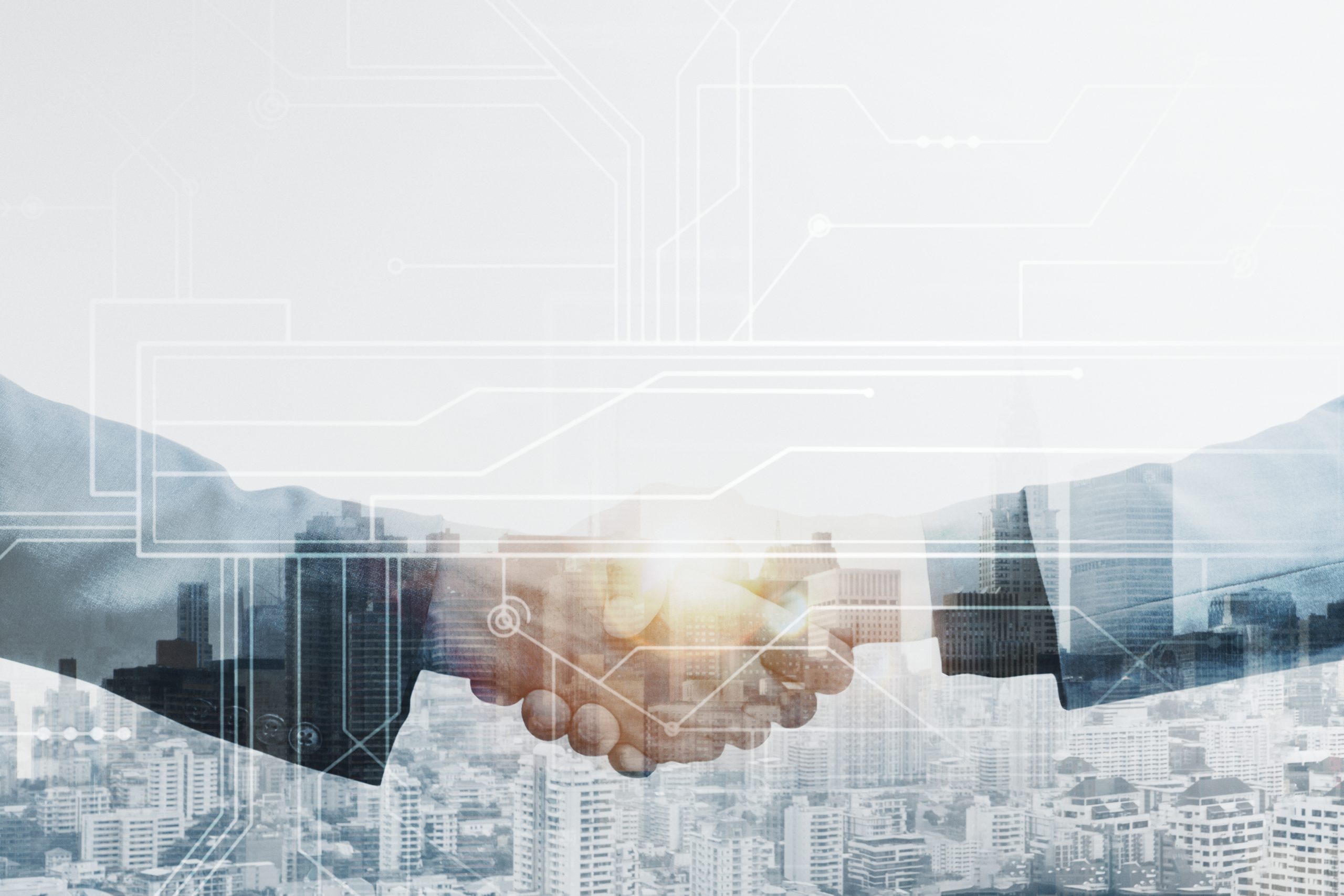 apreton de manos de socios comerciales corporativos globales con concepto de tecnologia